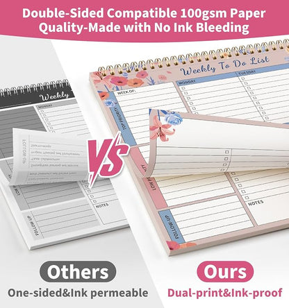 104 Pgs Weekly To Do List Notepad, 52 Duplex-Printed Undated Sheets 100 GSM（8.5"×11") Weekly Desk Planner For Work Home School Office Desk Accessories Supplies & Goal Setting Tasks -Pink Floral