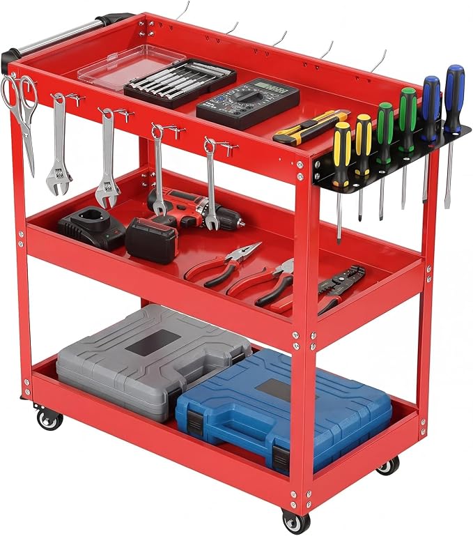 3-Tier Rolling Tool Cart, Heavy Duty Metal Utility Cart with Side Hooks and Handle, 330lbs Capacity Service Organizer for Garage Warehouse Workshop, 28x14x28 Inches, Red