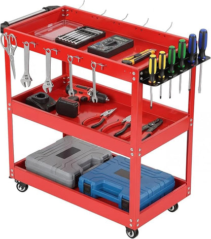 3-Tier Rolling Tool Cart, Heavy Duty Metal Utility Cart with Side Hooks and Handle, 330lbs Capacity Service Organizer for Garage Warehouse Workshop, 28x14x28 Inches, Red