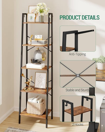 Hzuaneri Ladder Shelf, Bookshelf Bookcase, Freestanding Corner Storage Shelve with 2 Hooks for Home Office, Living Room, Kitchen, Bedroom, Industrial, 11.8" D x 17.3" W x 63" H, Rustic Brown BC19201B
