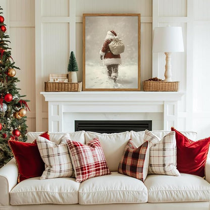 Framed Vintage Christmas Canvas Wall Art, Rustic Santa Claus Walking Snowy Wall Decor Paintings, Winter Holiday Aesthetics Pictures Print Christmas Home Decor for Living Room Bedroom 12×16 inch