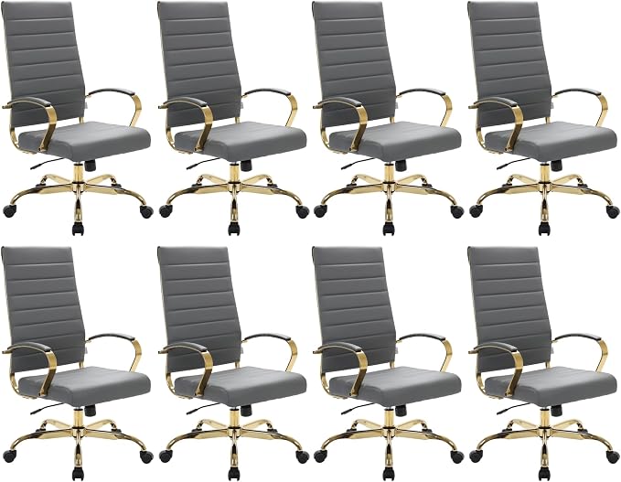 LeisureMod Modern High-Back Leather Office Chair - Swivel & Adjustable Executive Desk Chair with Gold Frame, Ergonomic Design for Home & Office (Grey, Set of 8)