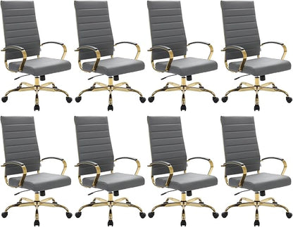 LeisureMod Modern High-Back Leather Office Chair - Swivel & Adjustable Executive Desk Chair with Gold Frame, Ergonomic Design for Home & Office (Grey, Set of 8)