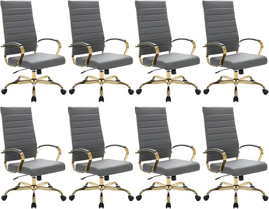 LeisureMod Modern High-Back Leather Office Chair - Swivel & Adjustable Executive Desk Chair with Gold Frame, Ergonomic Design for Home & Office (Grey, Set of 8)