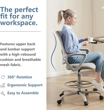 DUMOS Drafting Chair - Ergonomic Tall Office for Standing Desk, Counter with Height Adjustable and Comfortable Lumbar Support, Fixed Armrests, Grey