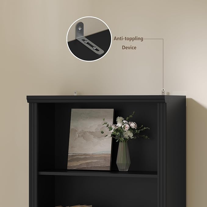 Thacuok Black Bookshelf, 75" Tall Bookcase, 6 Tier Adjustable Storage Shelves, Book Shelf with Anti-Tipping Device, Floor Standing Modern Display Rack for Living Room, Bedroom, Office