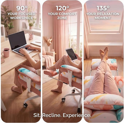 Efomao Watercolor Fabric Executive Office Chair Home Foot Rest, Pink | Soft Breathable Computer Desk Seat, Plush Comfy Cushion, Aesthetic Pastel Floral Patterns for Studio Vanity Cozy Setup