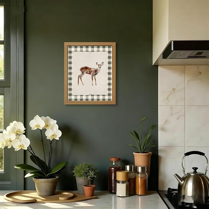 CXQILVER Vintage Framed Deer Wall Art Canvas Painting, Woodland Fawn Prints Wall Decor, Green Gingham Rustic Farmhouse Animal Artwork Pictures for Living Room Bedroom Bathroom Nursery Decor 8x10 Inch