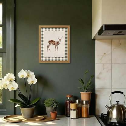 CXQILVER Vintage Framed Deer Wall Art Canvas Painting, Woodland Fawn Prints Wall Decor, Green Gingham Rustic Farmhouse Animal Artwork Pictures for Living Room Bedroom Bathroom Nursery Decor 8x10 Inch