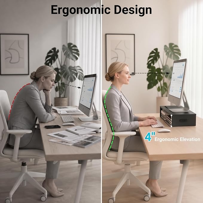 1home Monitor Stand Riser, 16.7 Inch Wood Monitor Riser Stand with Storage Organizer, Desktop Ergonomic Monitor Stand Riser with Cellphone Holder and Cable Management, Black