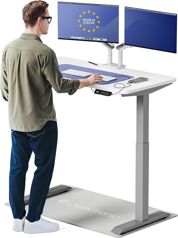 Desktronic HomeOne Standing Desk 48x24 — Ergonomic Sit Stand Home Office Desk, Made in Europe, Electric Dual Motor Height Adjustable, USB & USB-C Charging, Wobble-Free, Touchscreen, 3 Memory Presets