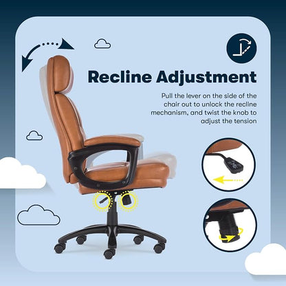 Serta Comfort Executive Big & Tall Office Chair, Ergonomic High-Back Computer DeskChair, Semi Plush Cushion Seat, Soft Padded Armrests, SertaQuality Foam, Metal Swivel Base, Bonded Leather, Cognac