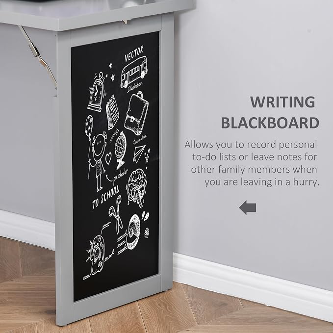 Foldable Wall Mounted Desk with Storage Shelves, Fold Out Convertible Computer Table with Blackboard, Folding Writing Table Workstation for Small Spaces,Home Office (Grey)