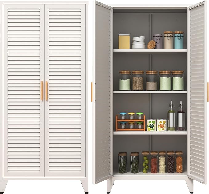 kastfh White Metal Storage Cabinet with Doors and 3 Adjustable Shelves, 61" Tall 4-Tier Pantry Storage Cabinet for the Kitchen, Living Room, Bedroom, Home, Bathroom and Office