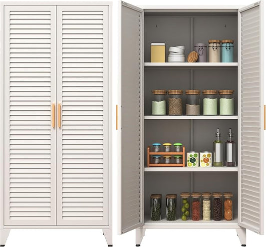 kastfh White Metal Storage Cabinet with Doors and 3 Adjustable Shelves, 61" Tall 4-Tier Pantry Storage Cabinet for the Kitchen, Living Room, Bedroom, Home, Bathroom and Office
