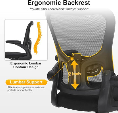 Ergonomic Mesh Office Chair with Adjustable Lumbar Support, Flip-Up Arms & Rolling Swivel Base, Breathable Computer Desk Chair for Home Office, Study & Remote Work, Black
