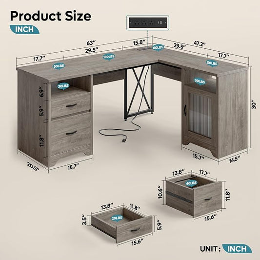 Bestier Farmhouse L Shaped Desk with Drawers, 63" x 47" Office Computer Desk with Charging Station & Fluted Storage Cabinet, Corner Desk with File Drawers, Modesty Panel for Home Office, Grey
