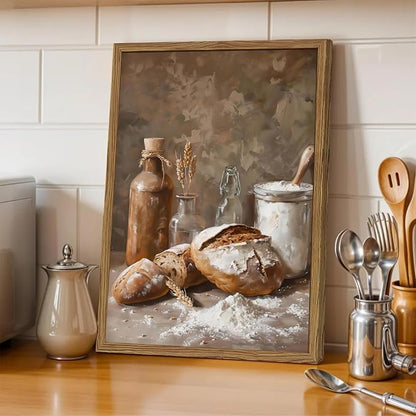 Framed Vintage Kitchen Wall Art, Rustic Bread and Flour Pictures Wall Decor Paintings, Farmhouse Food Poster Canvas Prints Country Home Decor for Dining Room Living Room Bakery 16x24 inch