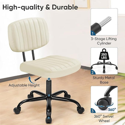 DUMOS Armless Home Office Chair: Small Desk Chair with Low Back Lumbar Support, Height Adjustable PU Leather Computer Task with 360° Swivel Wheels, for Adults, Beige