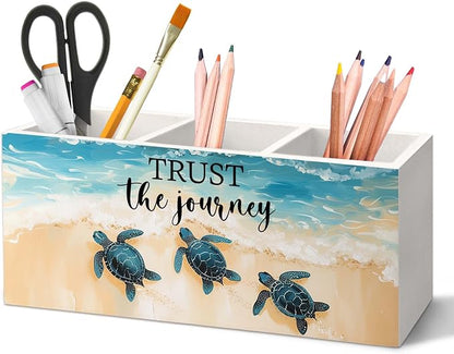 Coastal Beach Sea Turtle Pen Holder for Desk, Inspirational Sea Turtle Pencil Organizer, Trust the Journey Ocean Beach Wooden Pen Holder Desk Accessories Decor for Home Office