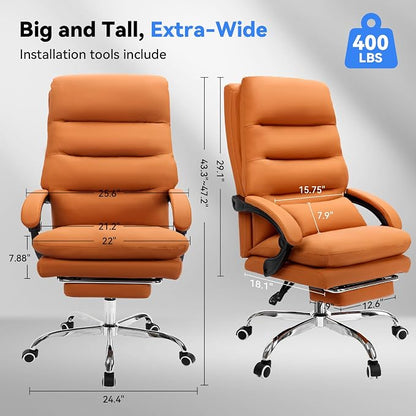 Holiwei Office Chair with Footrest, Big and Tall 400lbs Executive Desk Chair with Thickened Lumbar Support Pillow, High Back PU Leather Reclining Computer Chair, Ergonomic Swivel Task Chair, Brown