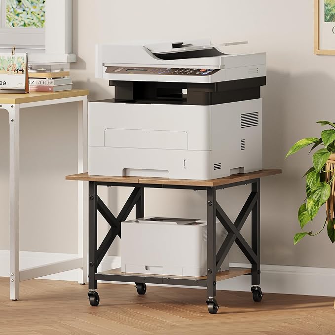 VENNQD 2 Tier Printer Stand, 23.6'' x 23.6'' Large Table with Storage Shelf, Rolling Printer Cart with Wheels, Laser Printer Table for Home Office Living Room Scanner Fax Machine, Rustic Brown