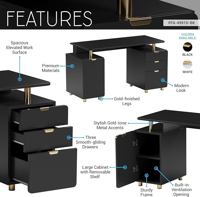 Elegant 57" W Executive Desk with 3 Drawers and Storage Cabinet, Modern Office Desk with Gold Accents, Floating Work Surface, Closed Storage with Ventilation & Adjustable Shelf (Black,Gold)