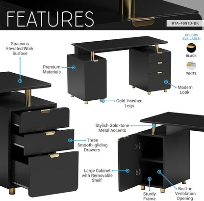 Elegant 57" W Executive Desk with 3 Drawers and Storage Cabinet, Modern Office Desk with Gold Accents, Floating Work Surface, Closed Storage with Ventilation & Adjustable Shelf (Black,Gold)