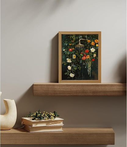 CXQILVER Vintage Framed Floral Bathroom Wall Art Canvas, Green Botanical Flowers Shower Wall Decor, Rustic Farmhouse Bathroom Decor Aesthetic Picture Artwork for Bedroom Living Room Guest Bath 8x10in