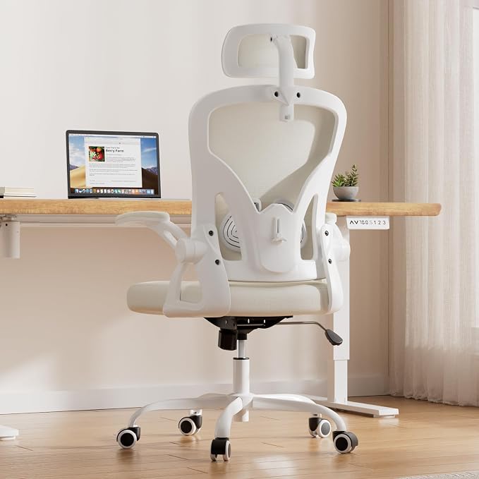 Farini Ergonomic Office Chair, Home Office Desk Chair with Headrest, High Back Swivel Computer Chair with Armrests and Adjustable Lumbar Support for Home Office Study Room, White & Beige