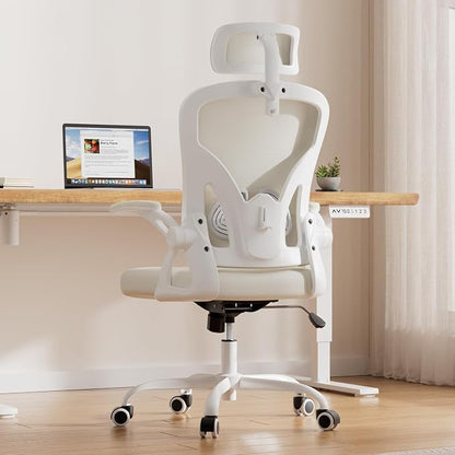 Farini Ergonomic Office Chair, Home Office Desk Chair with Headrest, High Back Swivel Computer Chair with Armrests and Adjustable Lumbar Support for Home Office Study Room, White & Beige