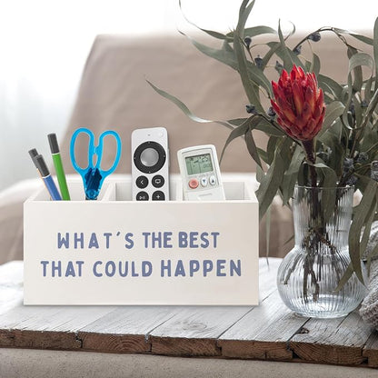 What's the Best That Could Happen Inspirational Wooden Pen Pencil Holder for Office Desk Accessories, Motivational Desk Decor, Retro Blue Makeup Brush Toothbrush Holder Organizer