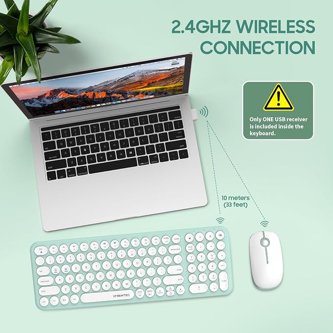 Wireless Keyboard and Mouse Combo,XTREMTEC 2.4GHz Quiet Slim Cute Round Keycap Compact Size Green Kawaii Cordless Retro Keyboard Mouse Set Home Office Accessories for Mac/Windows(Macaron Green)
