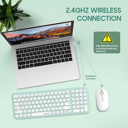Wireless Keyboard and Mouse Combo,XTREMTEC 2.4GHz Quiet Slim Cute Round Keycap Compact Size Green Kawaii Cordless Retro Keyboard Mouse Set Home Office Accessories for Mac/Windows(Macaron Green)