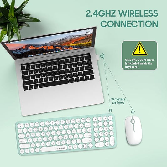 Wireless Keyboard and Mouse Combo,XTREMTEC 2.4GHz Quiet Slim Cute Round Keycap Compact Size Green Kawaii Cordless Retro Keyboard Mouse Set Home Office Accessories for Mac/Windows(Macaron Green)