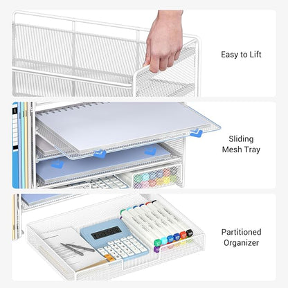 OPNICE Desk Organizer, 5-Tier Paper File Organizer with Drawer & Pen Holder, Office Desk Accessories, Workspace Desktop Organizer for Office Supplies(White)