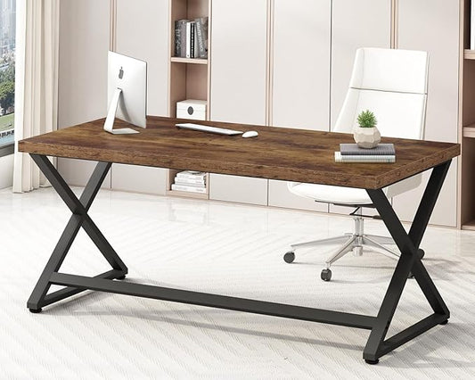 IBF Rustic Computer Desk, Farmhouse 60 inch Home Office Desk, Industrial Wood Metal Work Desk for Writing Study, Vintage Minimalist Executive Workstation PC Gaming Table in Bedroom, Rustic Brown
