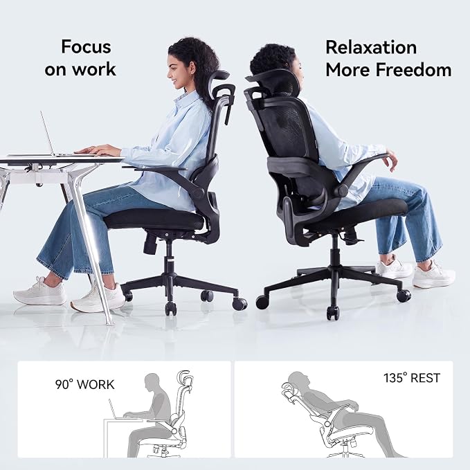 SIHOO B100 SE Office Chair, Desk Chair with Adaptive Lumbar Support & 2D Flip-up Armrests, 135° tilt Soft Memory Foam Erogonomic Chair for Home Office,Hold 300 LBS-Jet Black