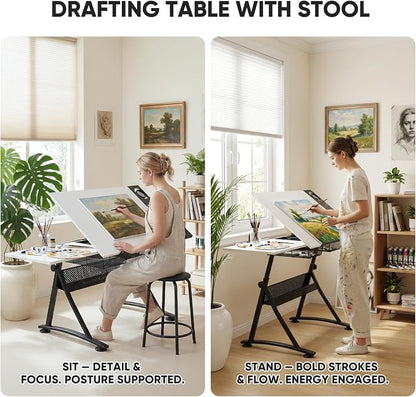 Magshion Professional Drafting Table for Adults w/Stool, Tilting Wooden Tabletop & Adjustable Height, Art Craft Desk Watercolor Paintings Sketching Work Station for Studio Home Office School (White)