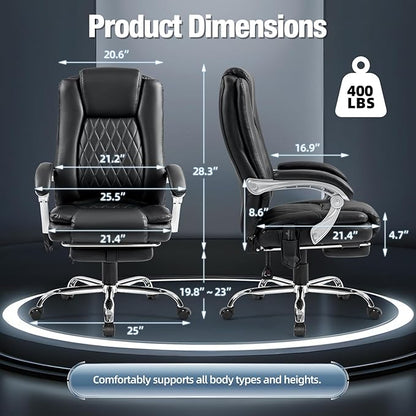 Massage Office Chair with Foot Rest - Ergonomic Executive Chair, High Back Reclining Leather Desk Chair with 135° Recline, 400 LBS, 6-Point Vibration and Heat, Classic