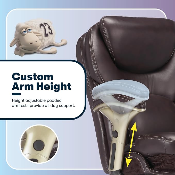 Serta Claremont Executive Office Chair with Back-In-Motion Technology, Ergonomic Mid-Back with Pivot Lumbar Support & Seat, Plush Cushion, Body Pillows, Adjustable Arms, Bonded Leather, Chestnut Brown