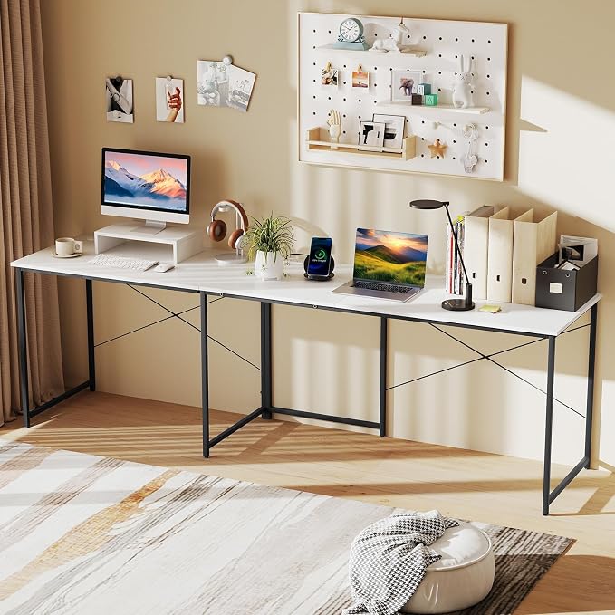 Tangkula L-Shaped Computer Desk with Power Outlets, 95” Long 2-Person Desk with Monitor Shelf, Modern Corner Desk Gaming Table with USB Ports for Home Office