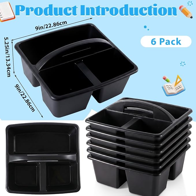 6 Pack 3 Compartment Small Caddy Plastic Classroom Organizer with Handle Portable Teacher Supply Storage Caddy Craft Art Caddies for Pencil, Crayon, Marker, Home, Office, School Supplies(Black)