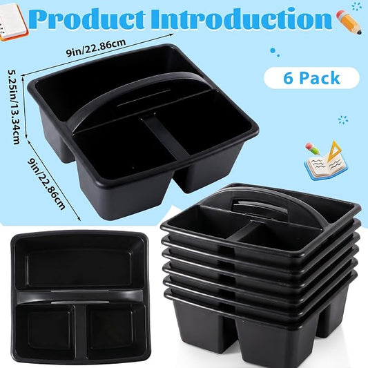 6 Pack 3 Compartment Small Caddy Plastic Classroom Organizer with Handle Portable Teacher Supply Storage Caddy Craft Art Caddies for Pencil, Crayon, Marker, Home, Office, School Supplies(Black)