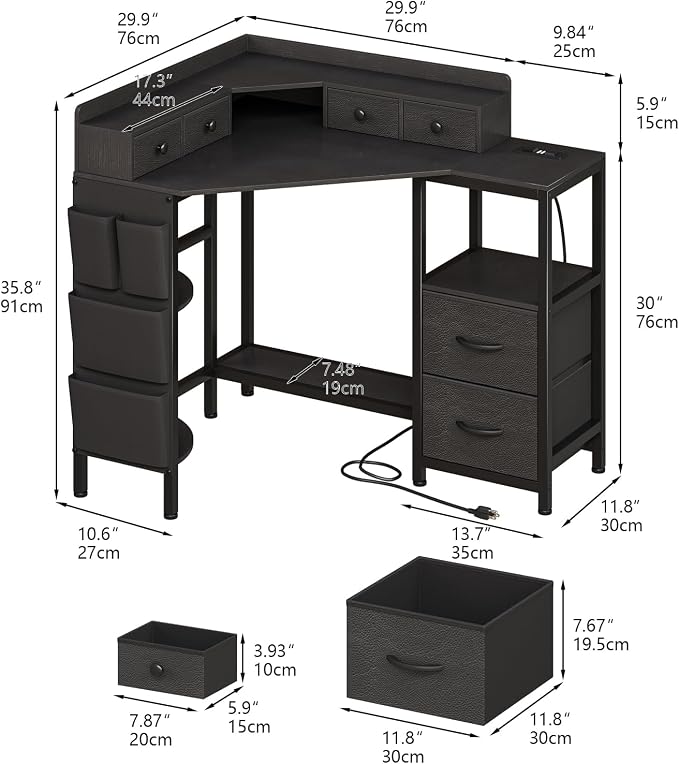 VENNQD Corner Desk with 6 Drawers Shelves for Small Space Computer Desk with Power Outlets,Gaming Desk with Printer Monitor Stand Storage for Home Office Workstation Writing Table (Black, 31.5)