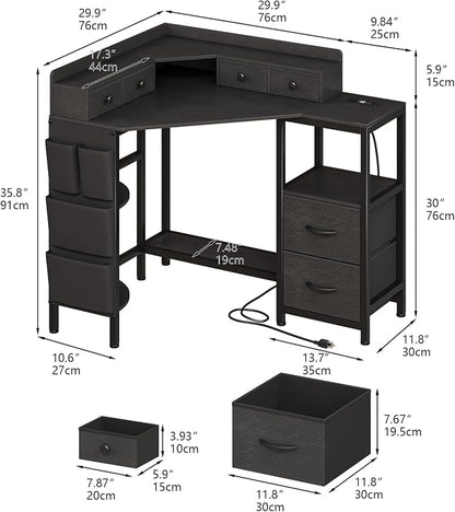 VENNQD Corner Desk with 6 Drawers Shelves for Small Space Computer Desk with Power Outlets,Gaming Desk with Printer Monitor Stand Storage for Home Office Workstation Writing Table (Black, 31.5)