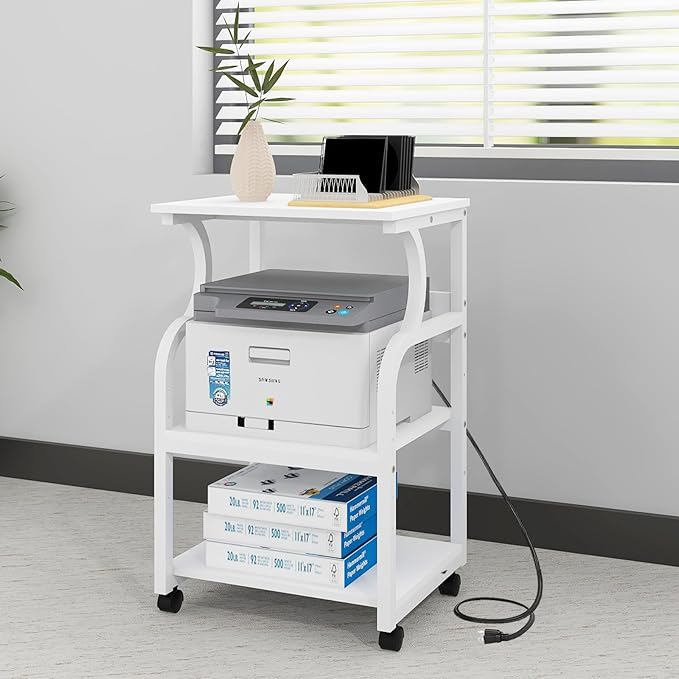Natwind 3 Tier Printer Stand,Rolling Printer Table with Adjustable Storage Shelf for Home Office Organization,Multifunctional Shelves for Heat Press,3D Printer (White)