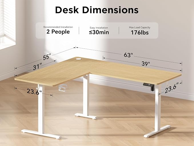 WALKINGDESK 63X55 Inches Reversible L Shaped Standing Desk Height Adjustable with Cup Holder, Electric Corner Computer Desk, Sit Stand up Home Office Desk, Ergonomic Gaming Desk, Oak