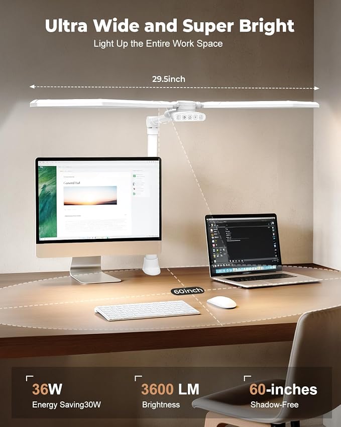 LED Desk Lamp with Clamp, 3600LM 448LEDs Ultra-Bright Architect Desk Light with Remote Control, Desk Light with Stepless Dimming and Stepless Color Temp, Memory Function for Study and Workbench, White