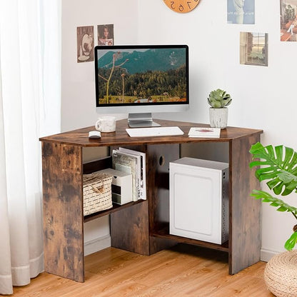 LDAILY Corner Desk, Space Saving 90 Degree Triangle Computer Desk with Storage Shelves & Cable Holes, Wood Compact Corner Writing Table for Small Spaces, Home Office, Bedroom & Living Room, Coffee